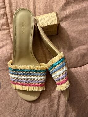 J. Crew Raffia Stripe Block Heel Mules in Natural with Blue, Pink & Purple